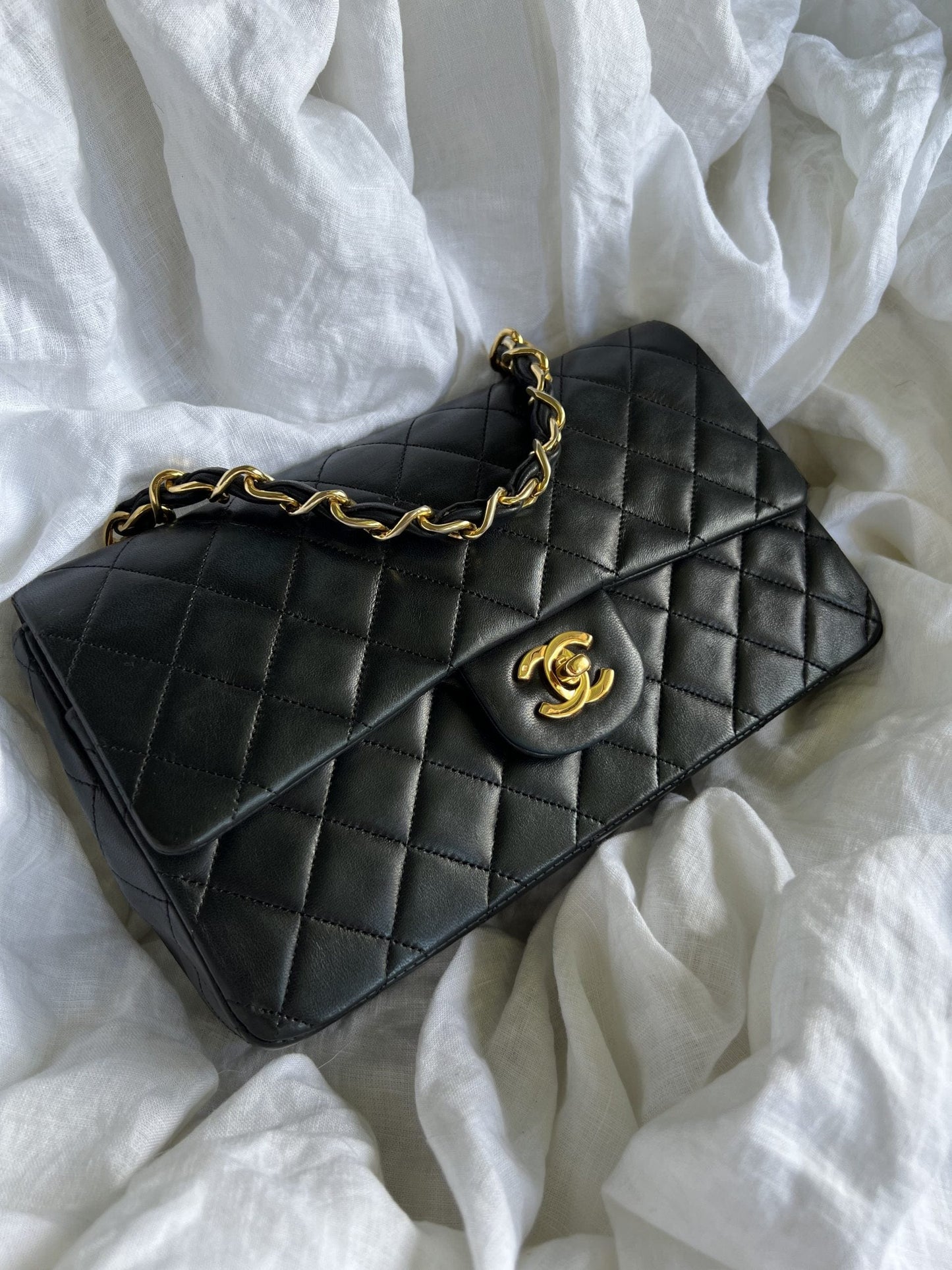 Black Vintage Lambskin Quilted Classic Flap with Handle Medium GHW