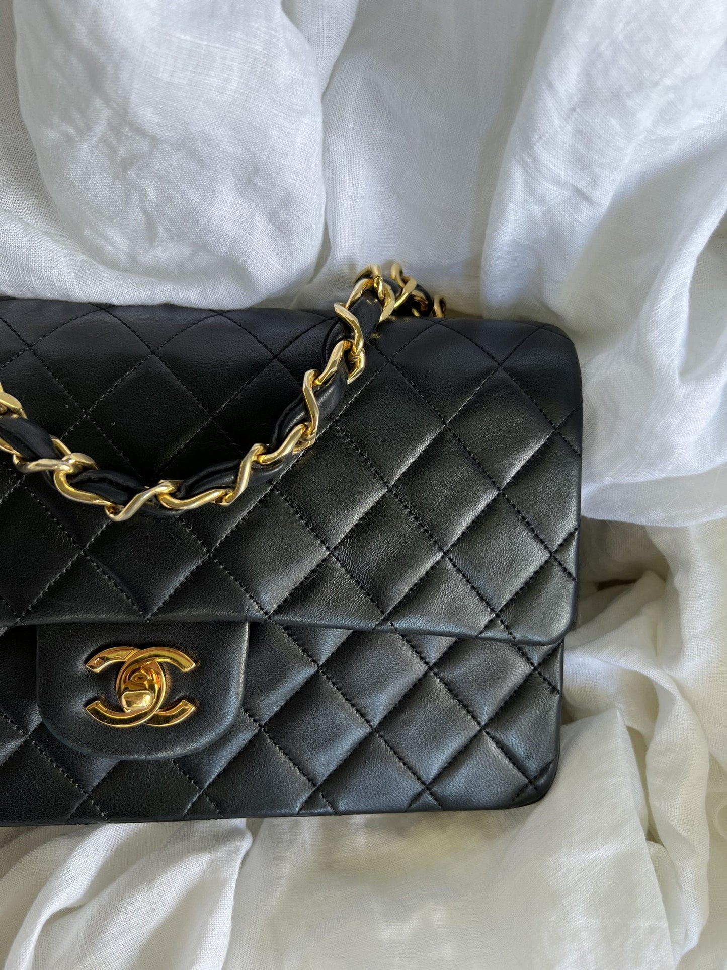 Black Vintage Lambskin Quilted Classic Flap with Handle Medium GHW