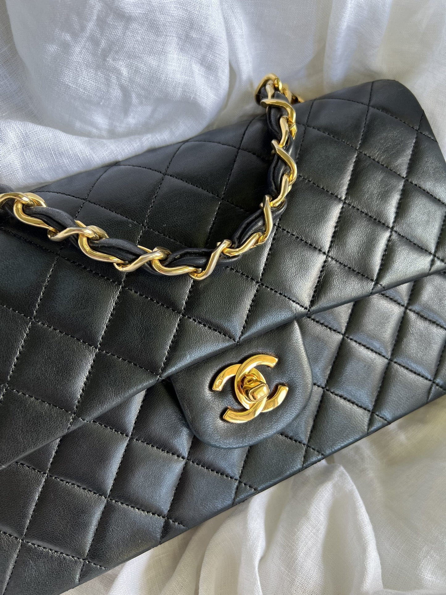 Black Vintage Lambskin Quilted Classic Flap with Handle Medium GHW