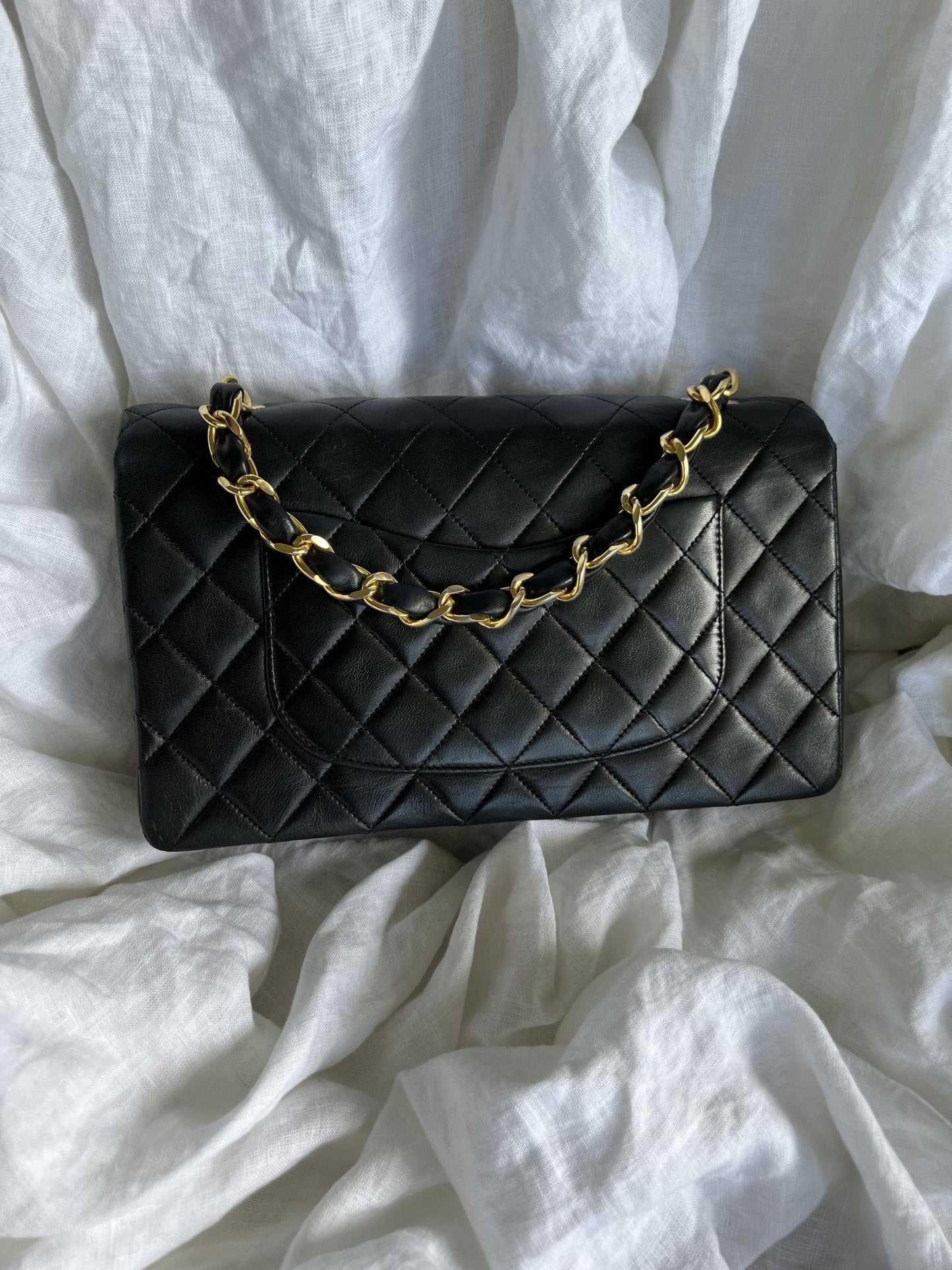 Black Vintage Lambskin Quilted Classic Flap with Handle Medium GHW