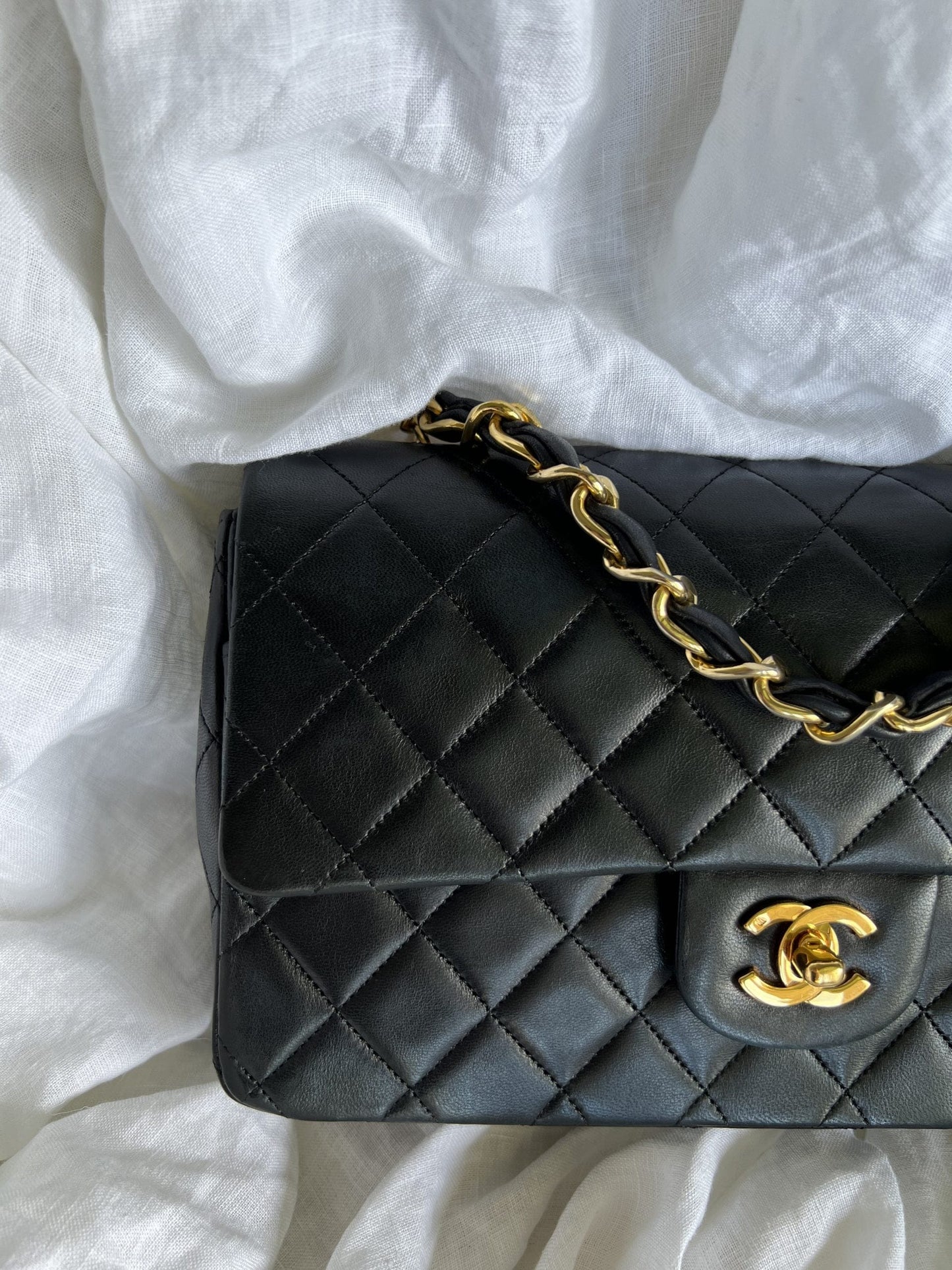 Black Vintage Lambskin Quilted Classic Flap with Handle Medium GHW