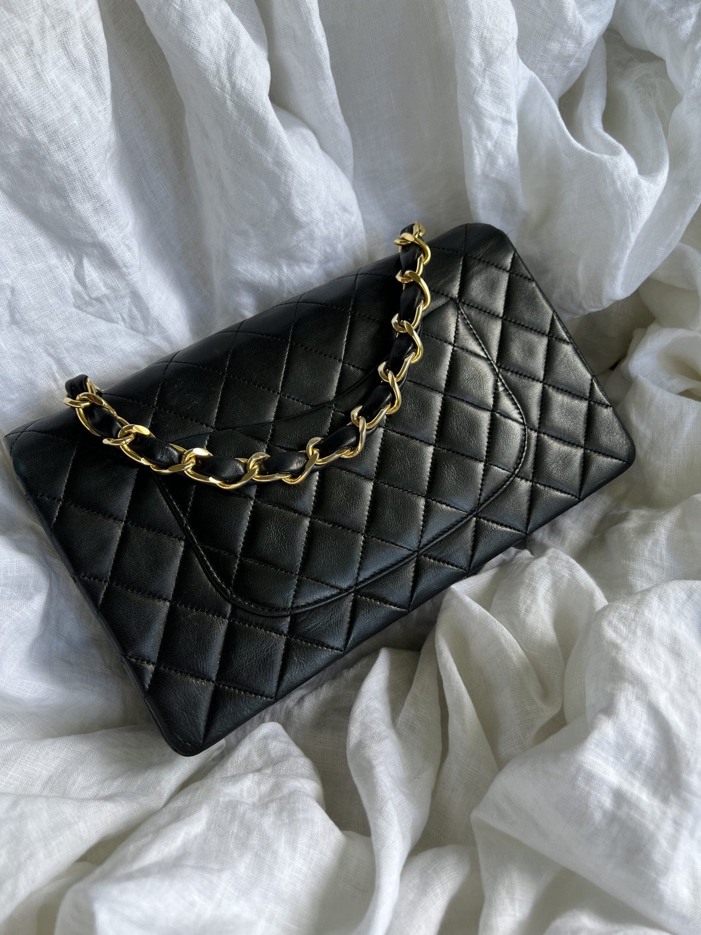 Black Vintage Lambskin Quilted Classic Flap with Handle Medium GHW