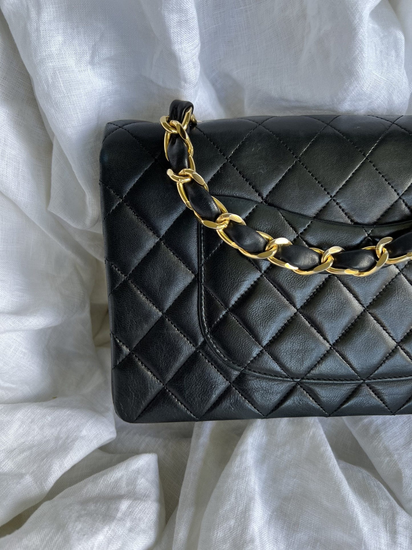 Black Vintage Lambskin Quilted Classic Flap with Handle Medium GHW