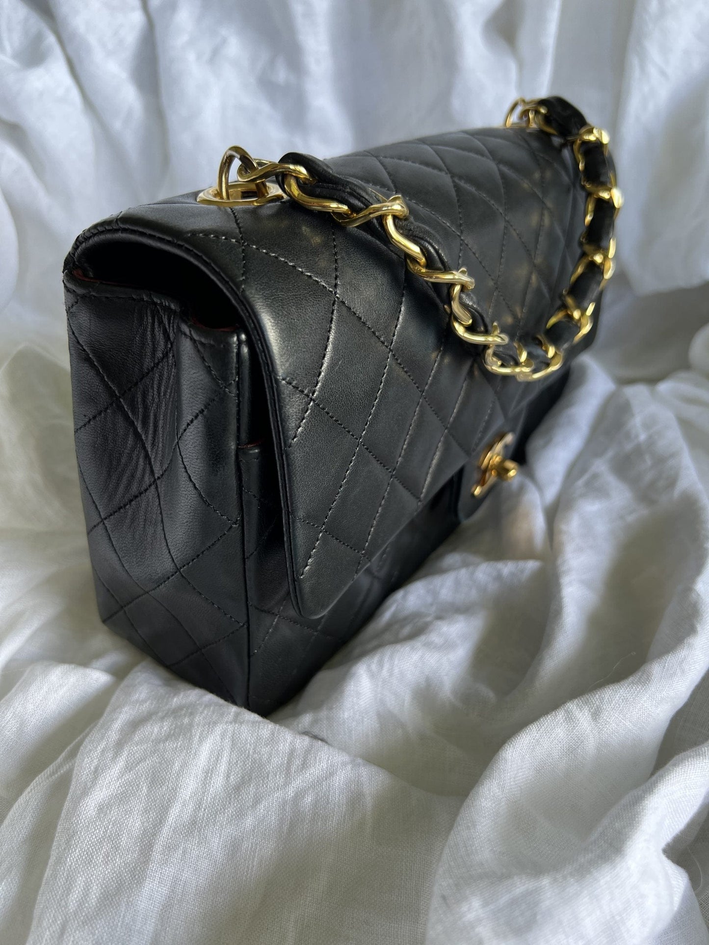 Black Vintage Lambskin Quilted Classic Flap with Handle Medium GHW