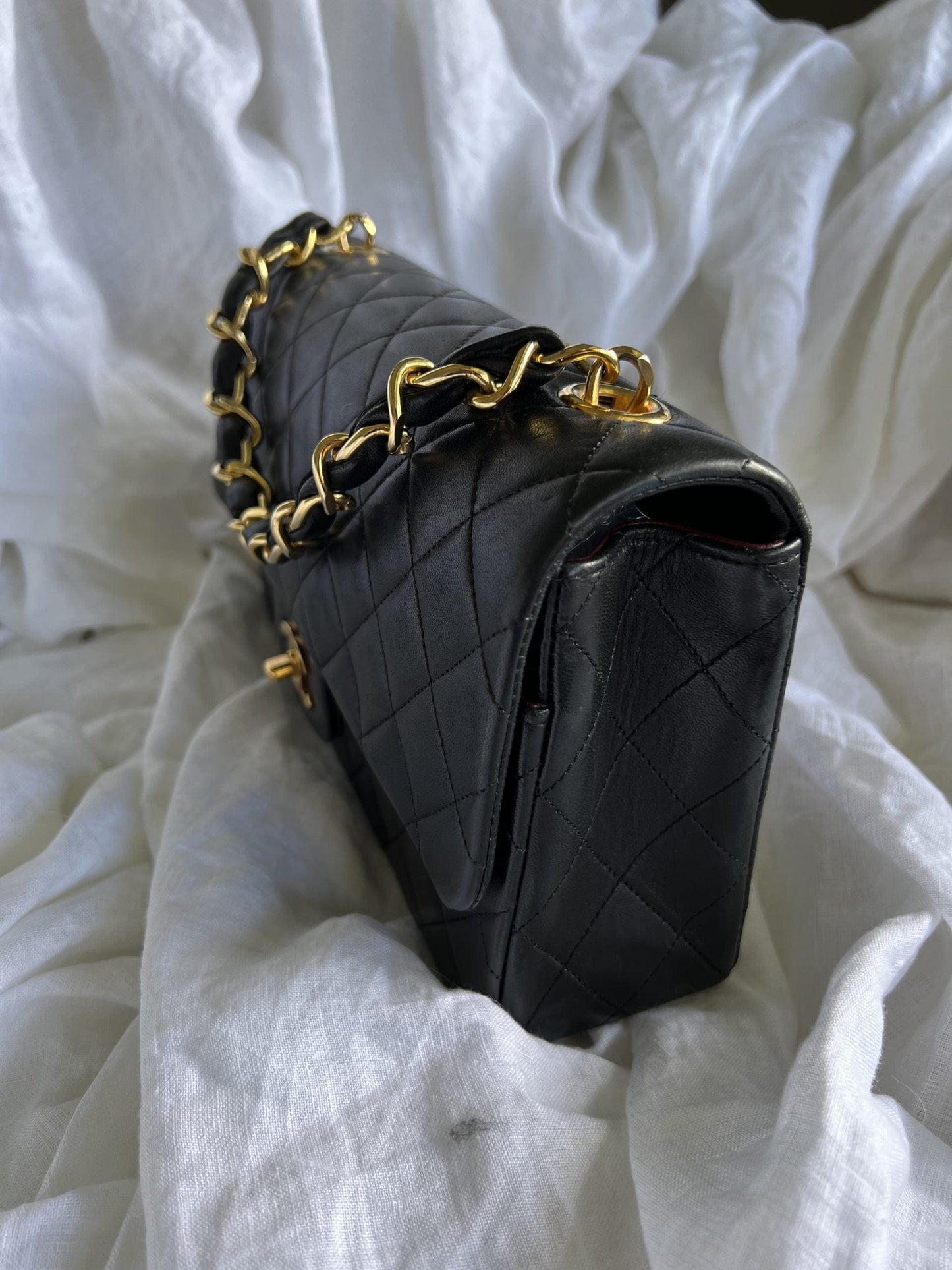 Black Vintage Lambskin Quilted Classic Flap with Handle Medium GHW