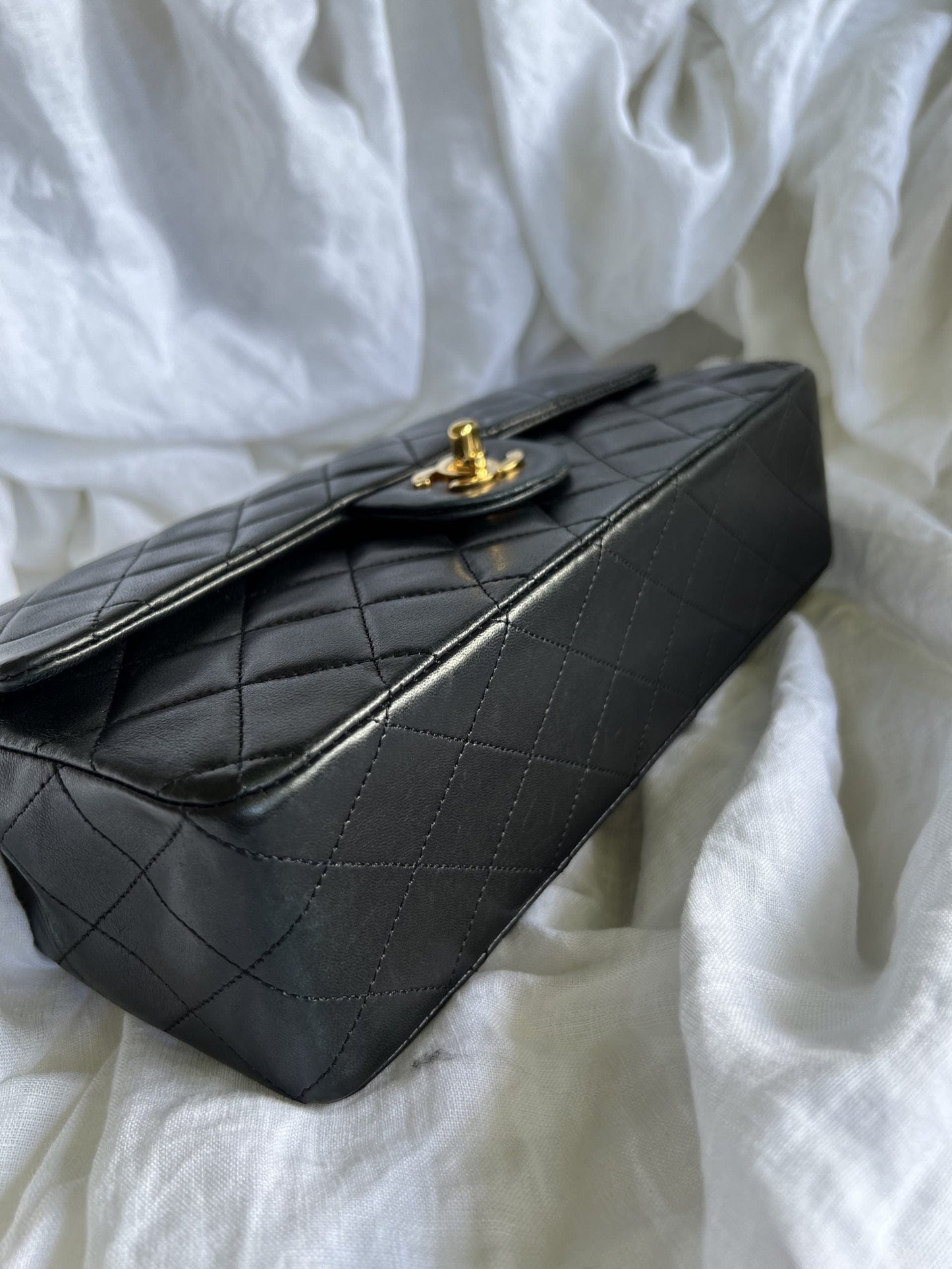 Black Vintage Lambskin Quilted Classic Flap with Handle Medium GHW