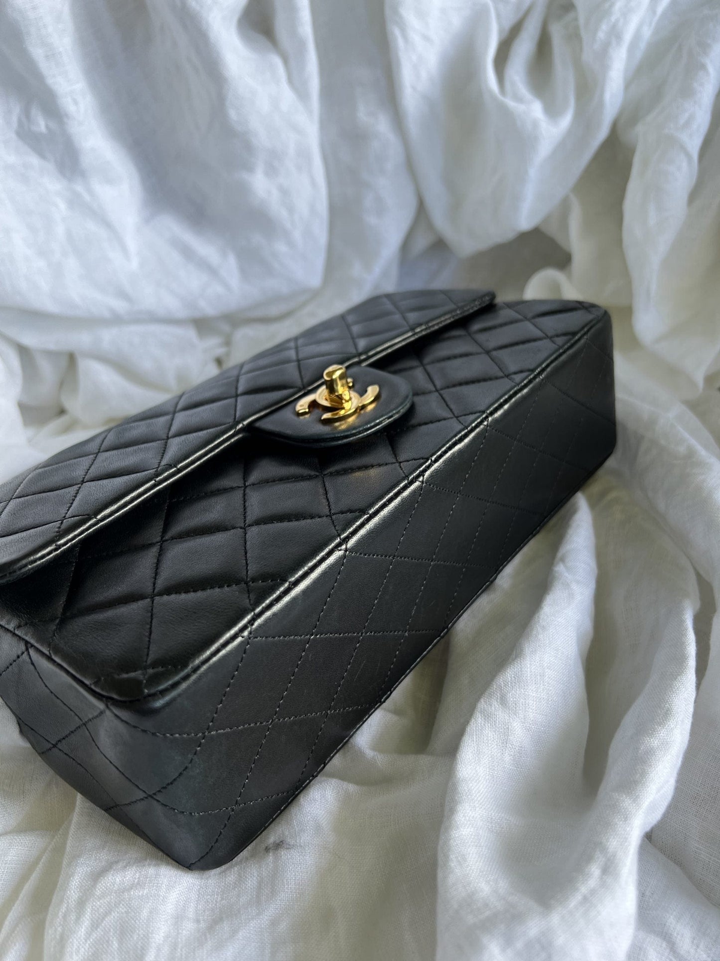 Black Vintage Lambskin Quilted Classic Flap with Handle Medium GHW