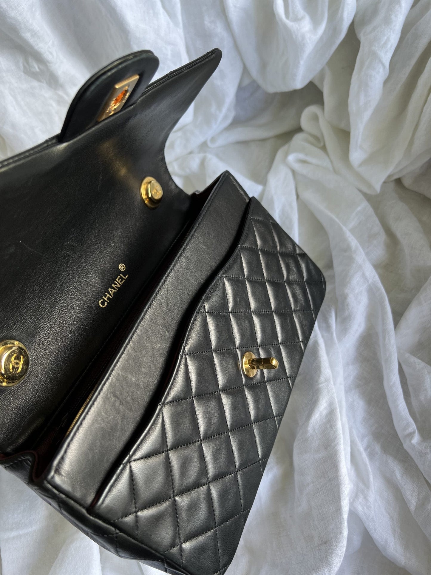 Black Vintage Lambskin Quilted Classic Flap with Handle Medium GHW