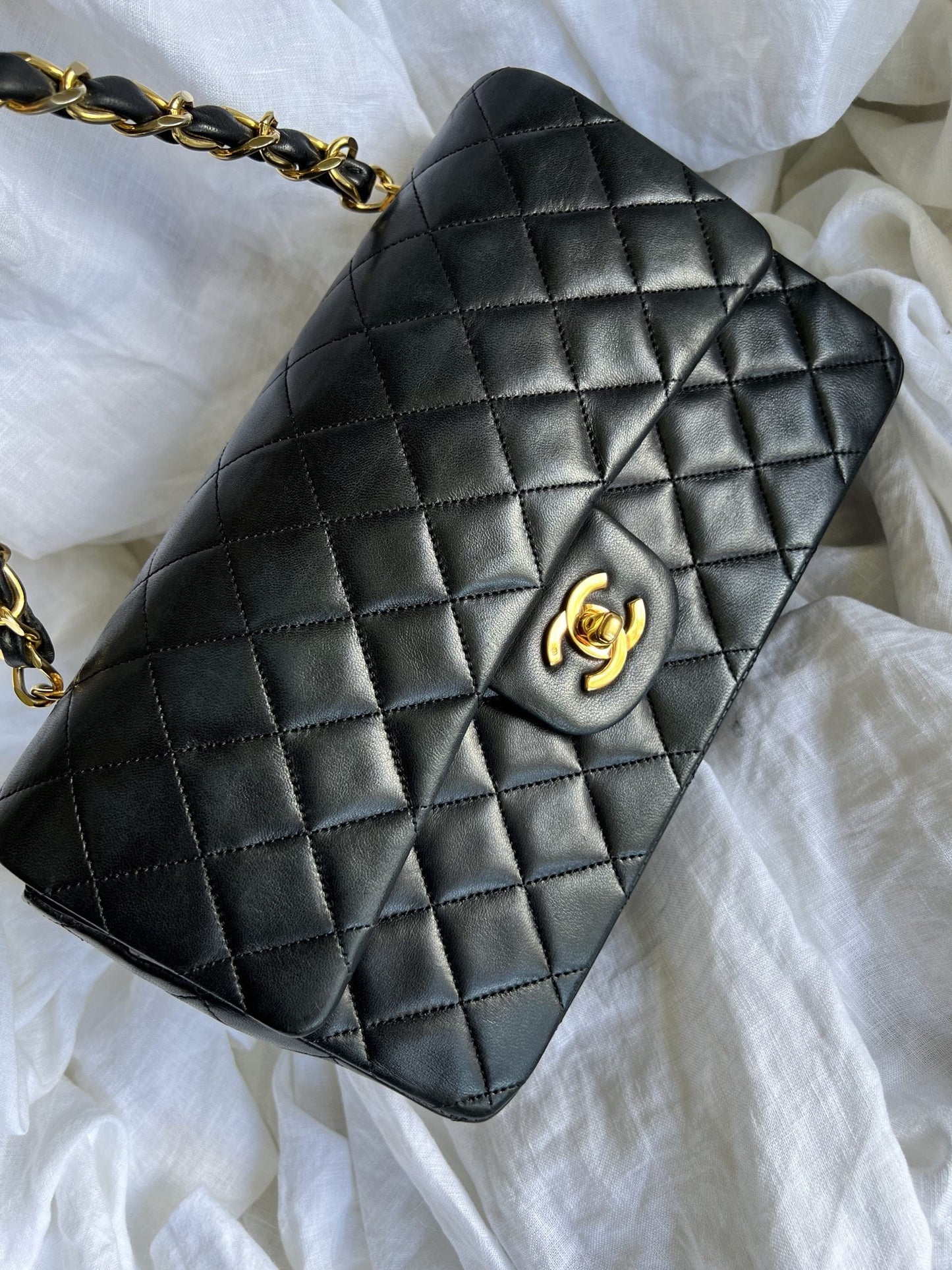 Black Vintage Lambskin Quilted Classic Flap with Handle Medium GHW