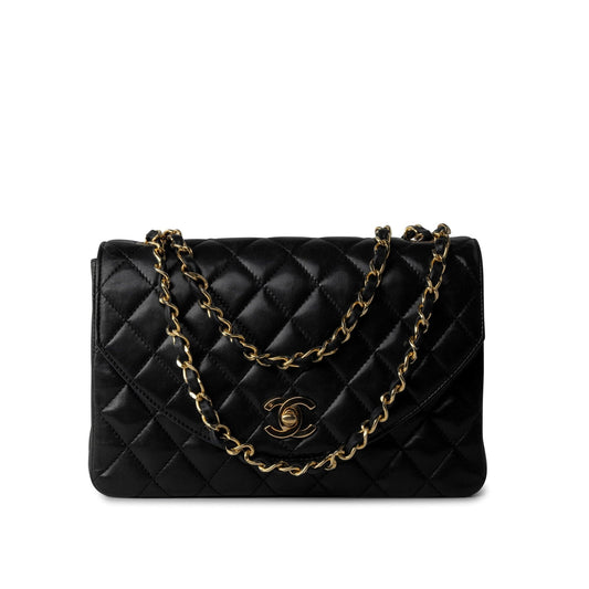 Black Vintage Lambskin Quilted Half Moon Single Flap Small GHW