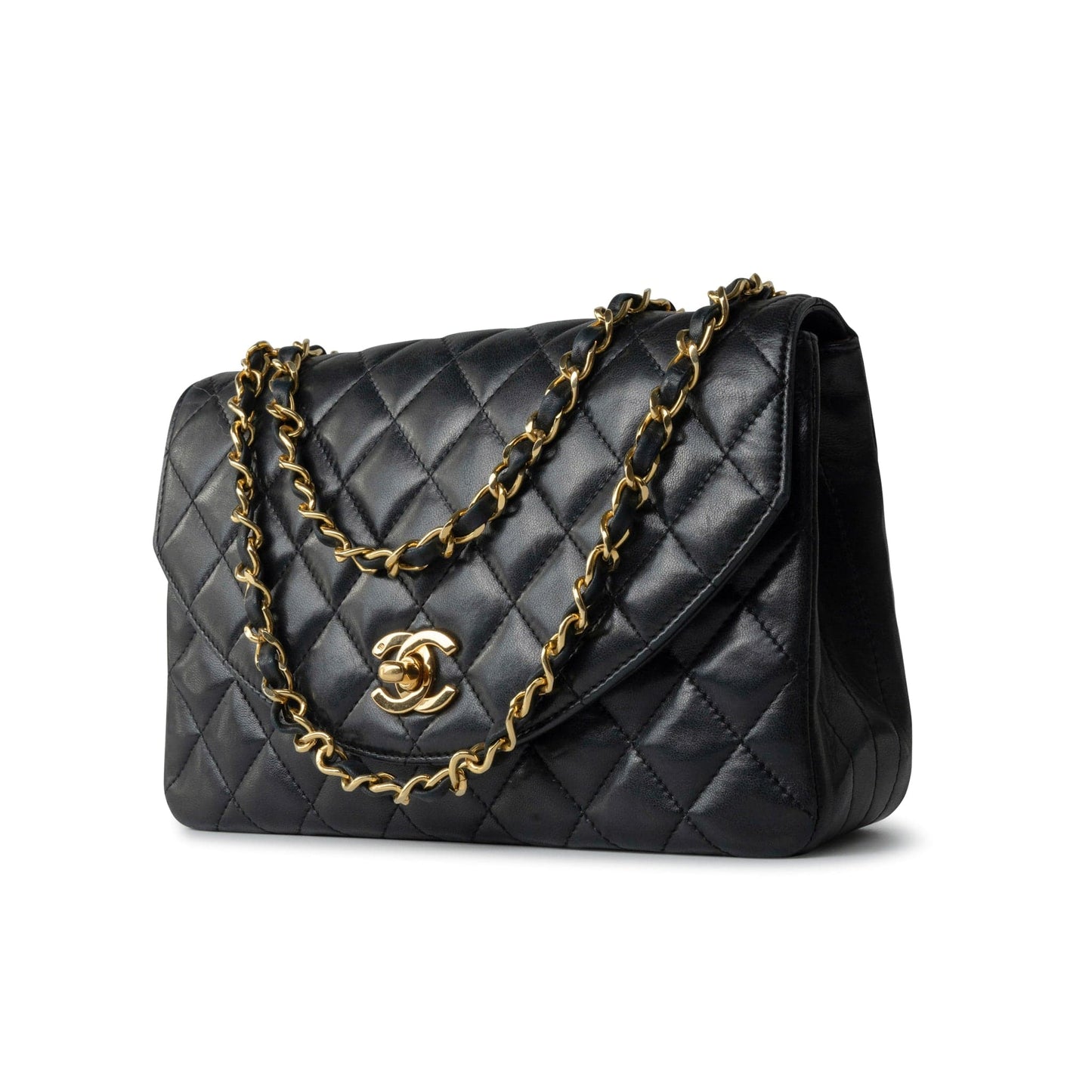 Black Vintage Lambskin Quilted Half Moon Single Flap Small GHW