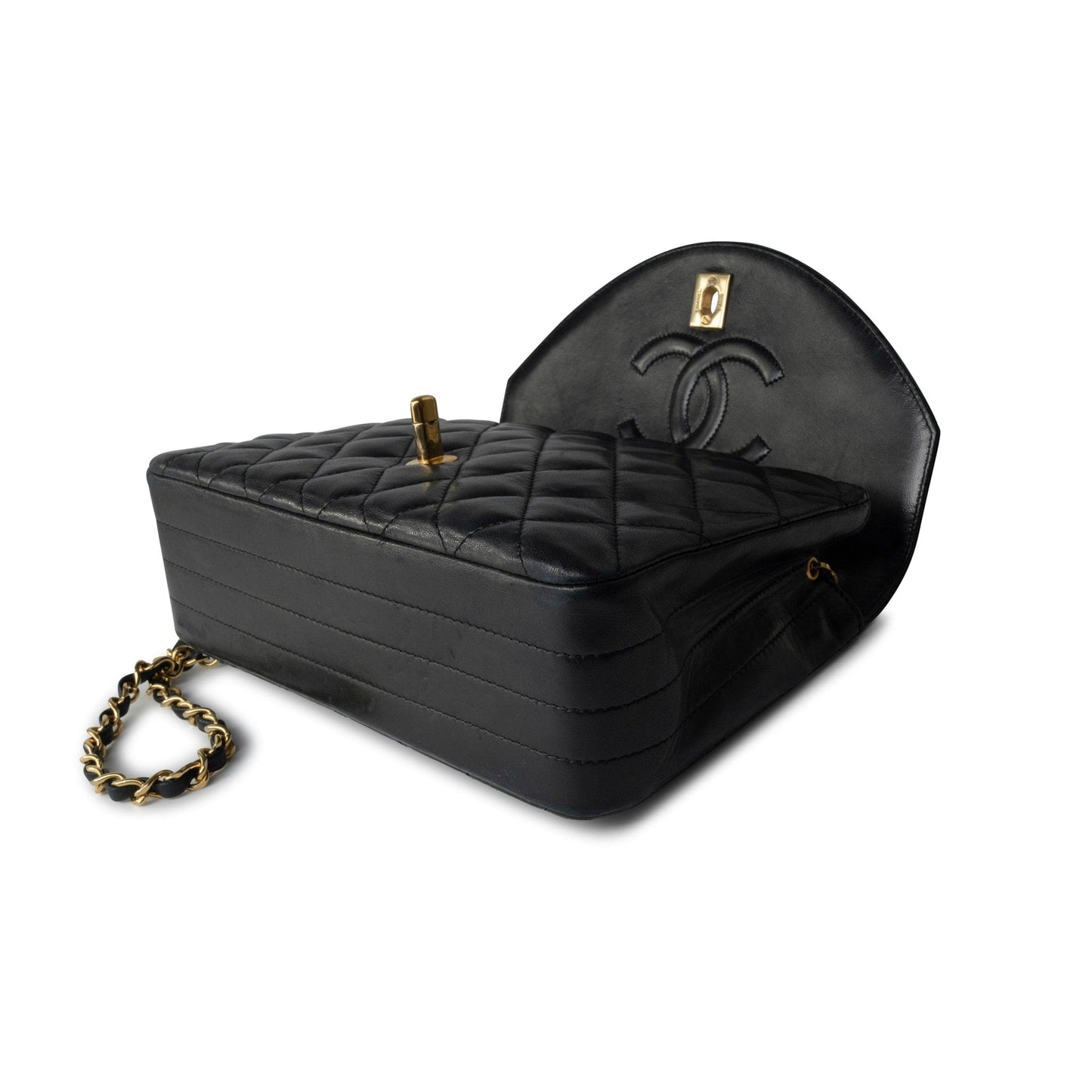 Black Vintage Lambskin Quilted Half Moon Single Flap Small GHW