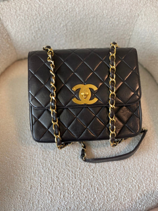 Black Vintage Lambskin Quilted Square CC Flap GHW