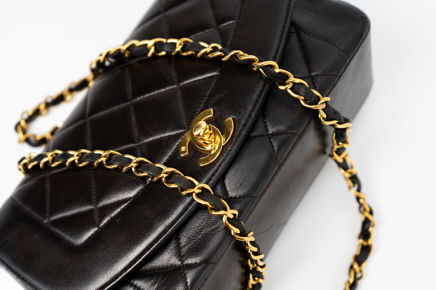 Vintage Small Black Lambskin Quilted Diana Flap GHW