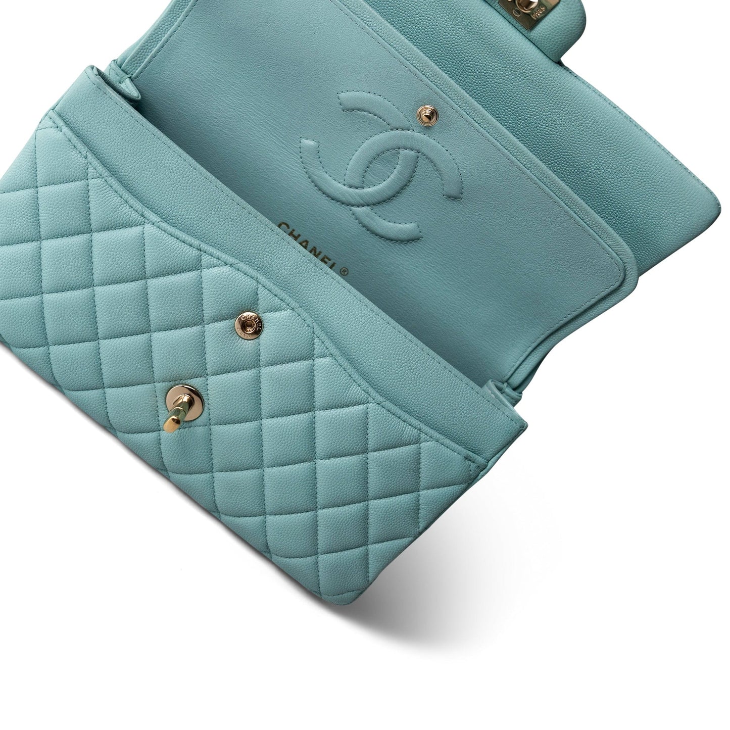 19C Tiffany Blue Caviar Quilted Medium Classic Flap Light Gold Hardware