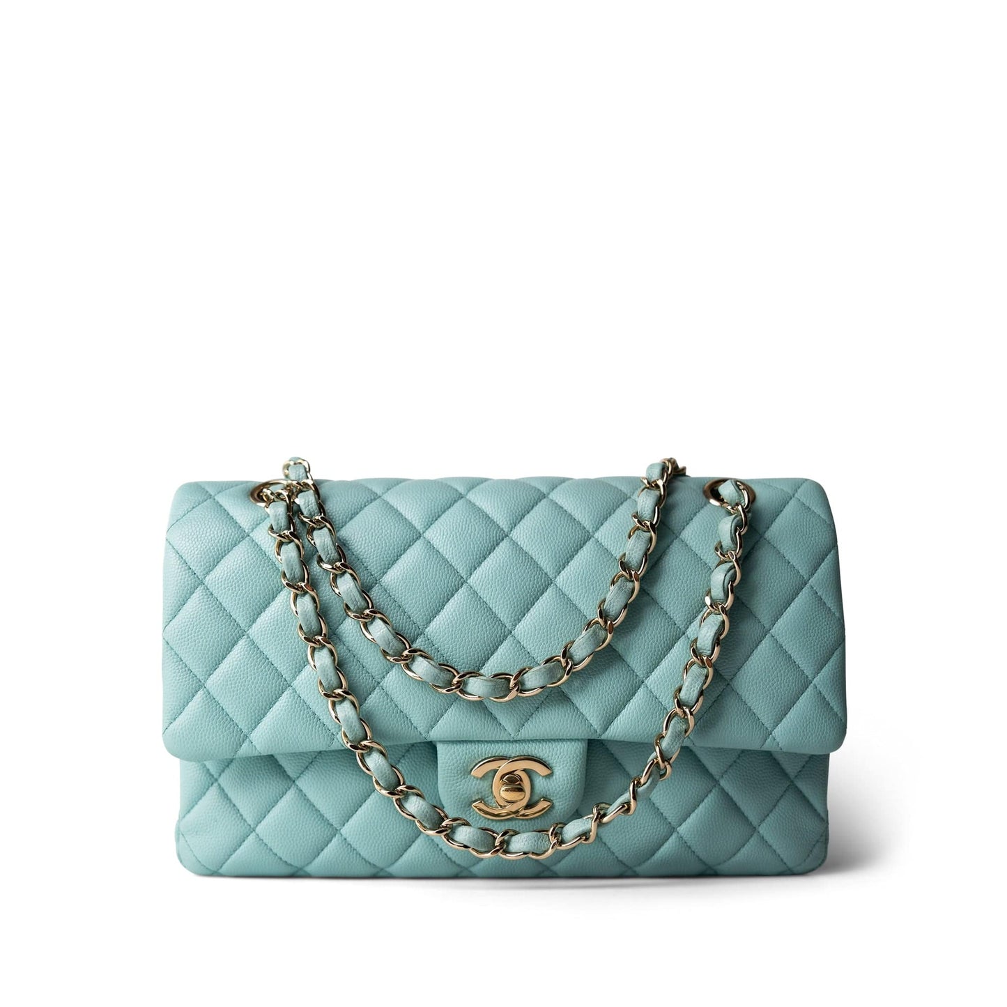 19C Tiffany Blue Caviar Quilted Medium Classic Flap Light Gold Hardware