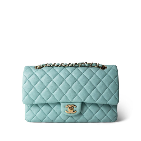 19C Tiffany Blue Caviar Quilted Medium Classic Flap Light Gold Hardware