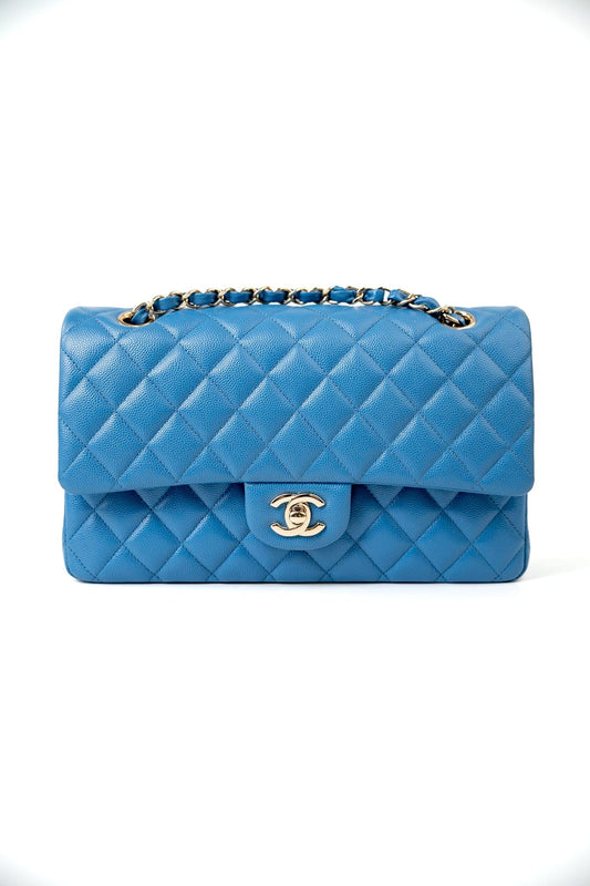 20S Blue Caviar Quilted Classic Flap Medium Light Gold Hardware