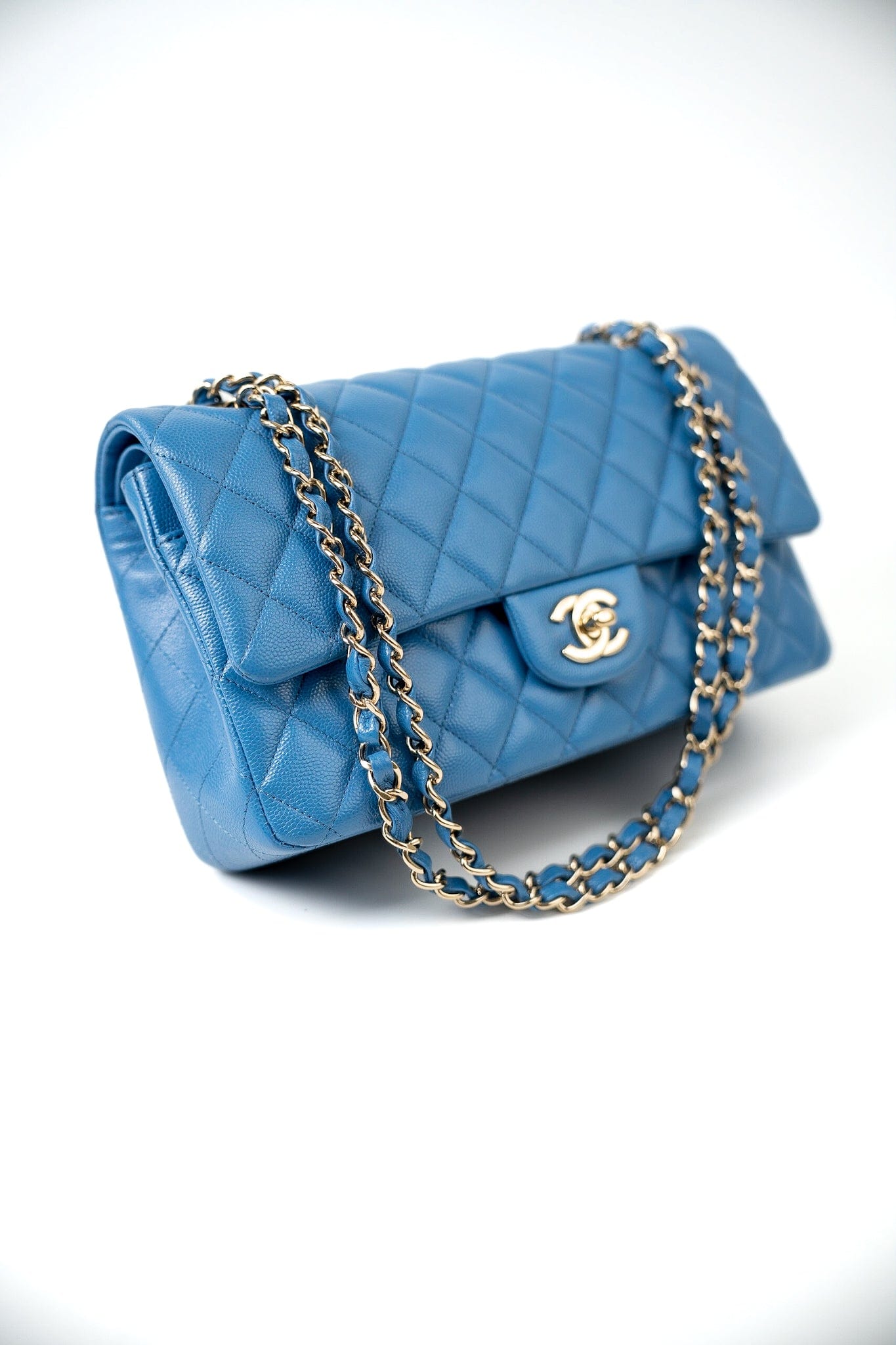 20S Blue Caviar Quilted Classic Flap Medium Light Gold Hardware