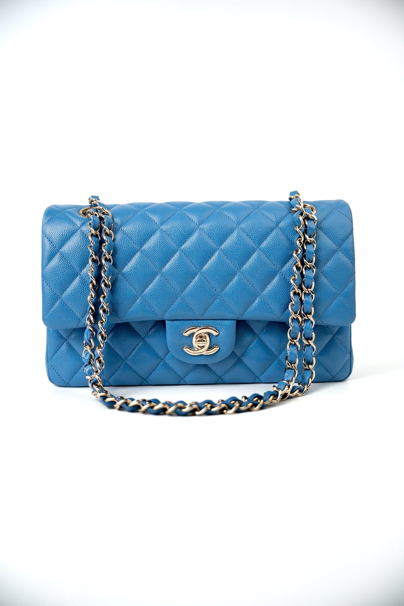 20S Blue Caviar Quilted Classic Flap Medium Light Gold Hardware