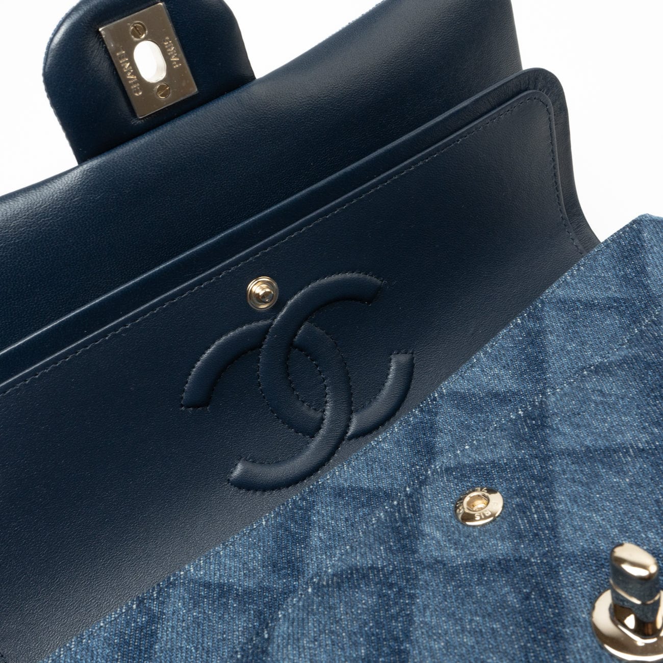 22B Denim Classic Double Flap Medium Light Gold Hardware