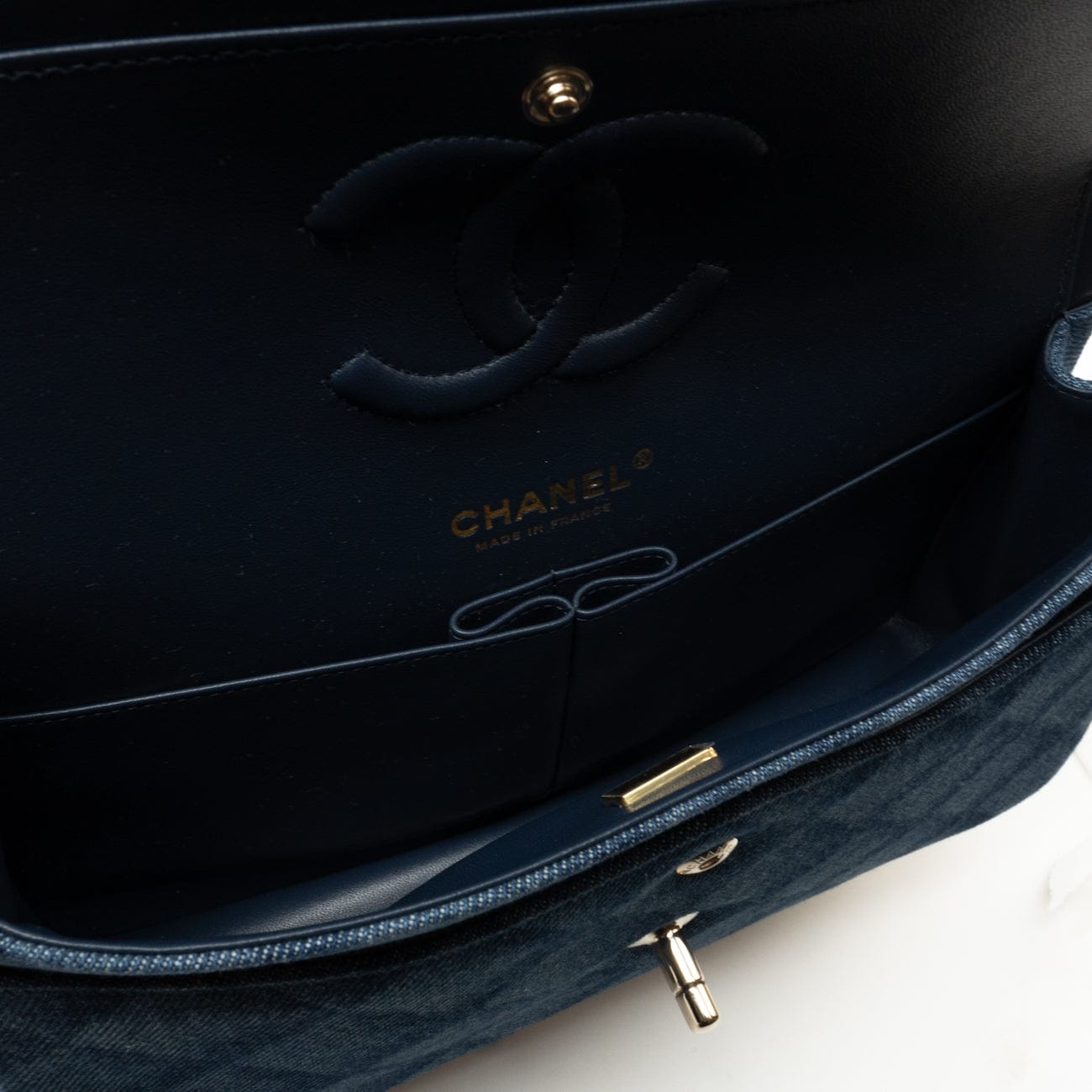 22B Denim Classic Double Flap Medium Light Gold Hardware