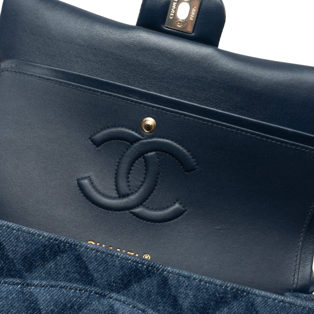 22B Denim Classic Double Flap Medium Light Gold Hardware