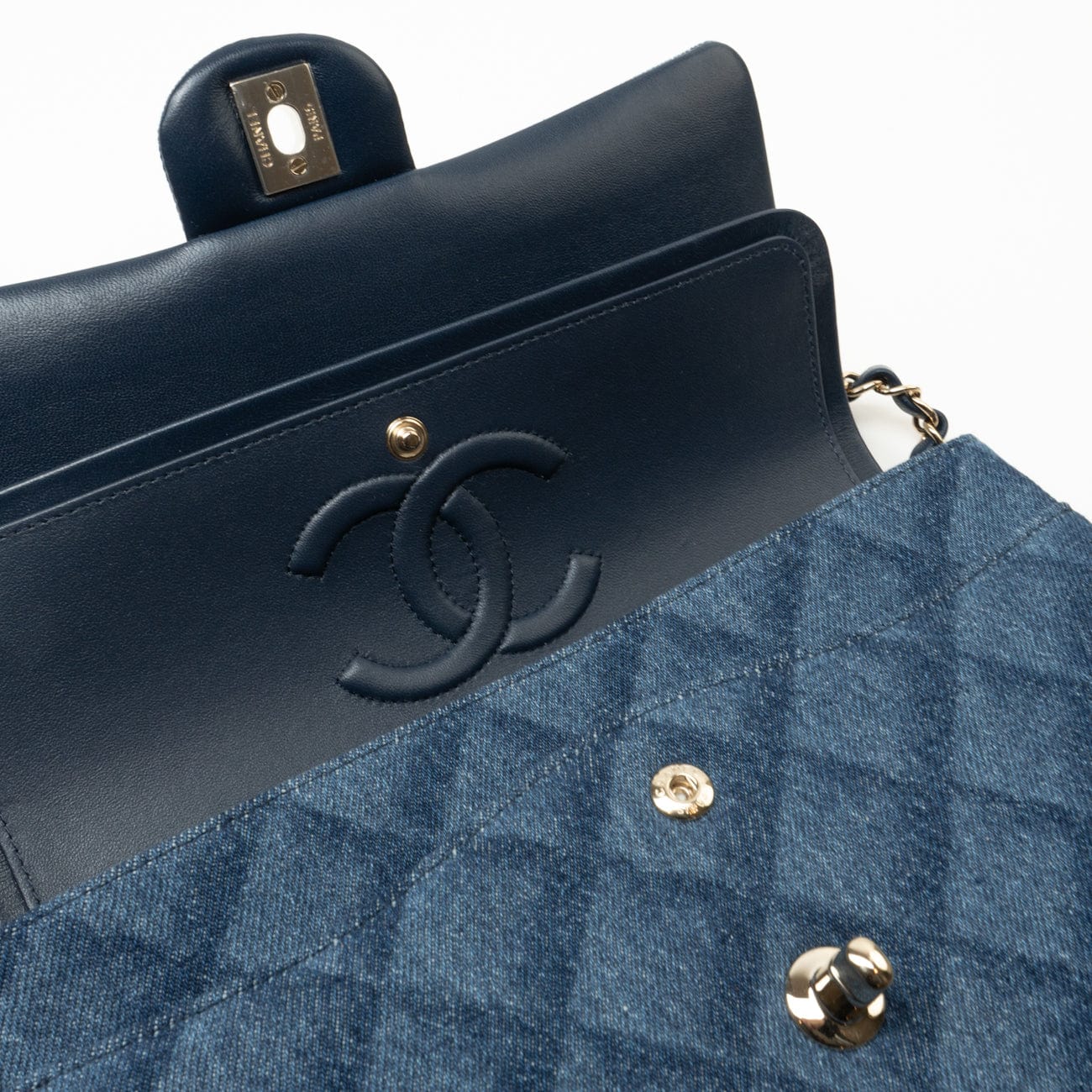 22B Denim Classic Double Flap Medium Light Gold Hardware