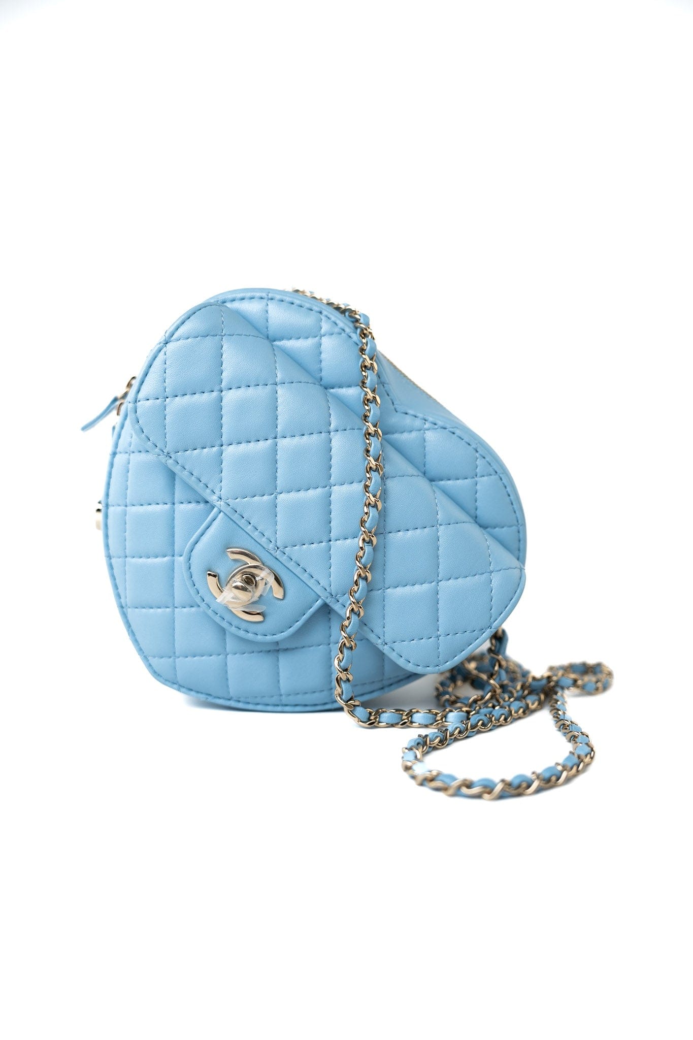 22S CC In Love Blue Lambskin Quilted Large Heart Bag Light Gold Hardware