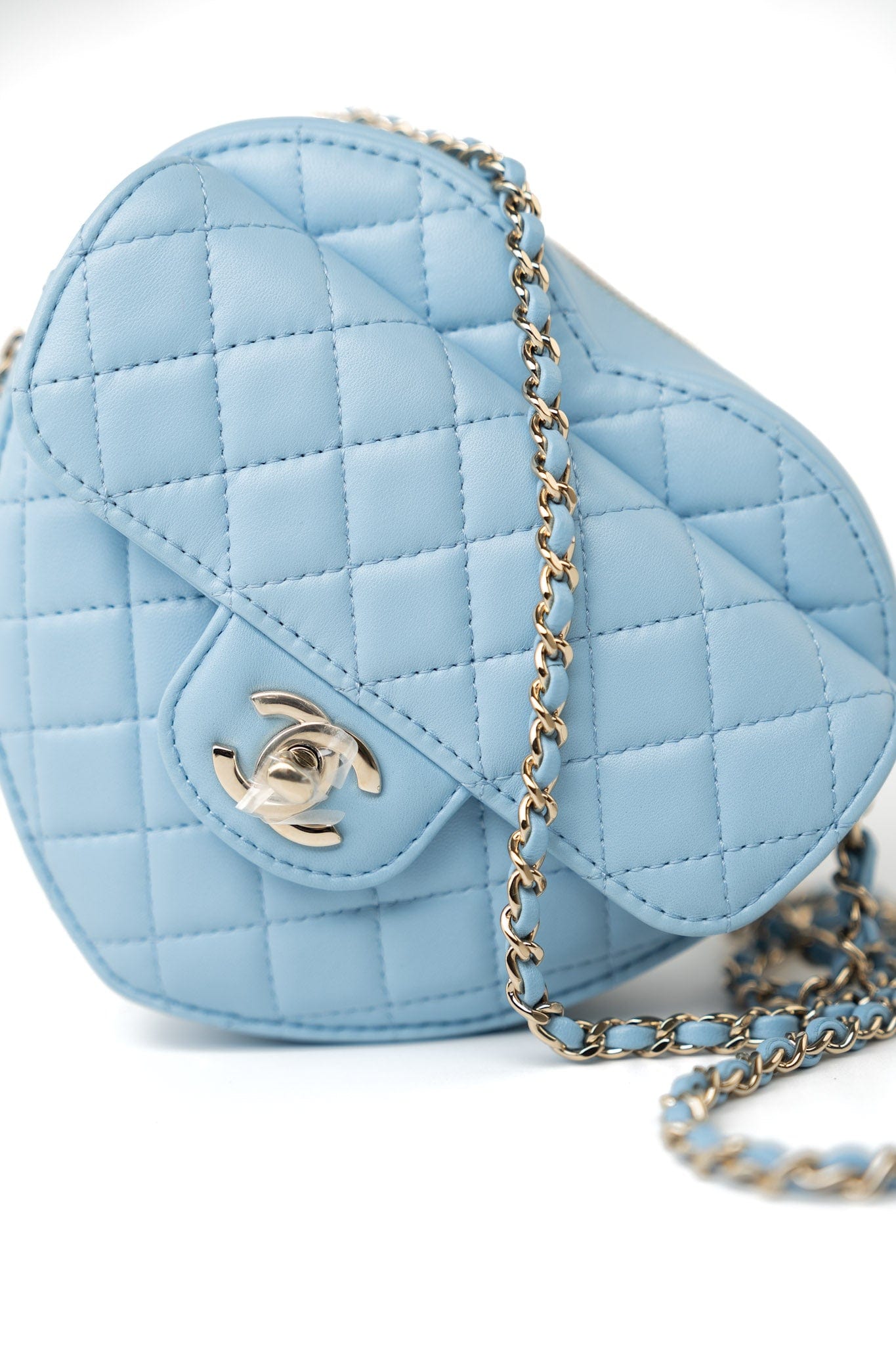 22S CC In Love Blue Lambskin Quilted Large Heart Bag Light Gold Hardware