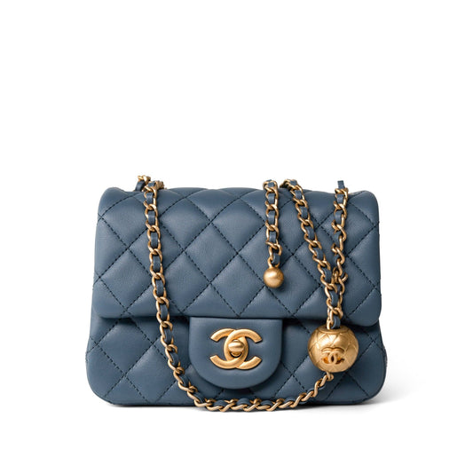 23K Blue Lambskin Quilted Mini Square Pearl Crush Antique Gold Hardware
