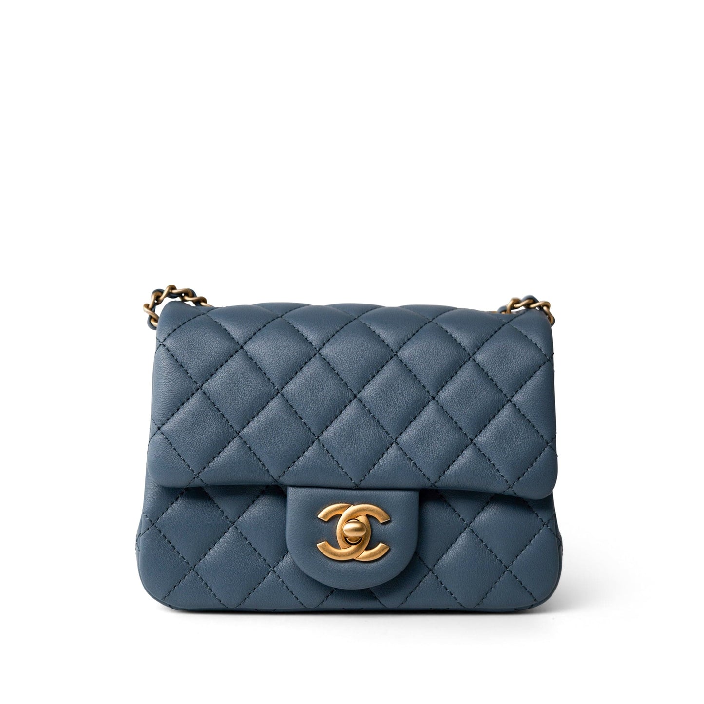 23K Blue Lambskin Quilted Mini Square Pearl Crush Antique Gold Hardware