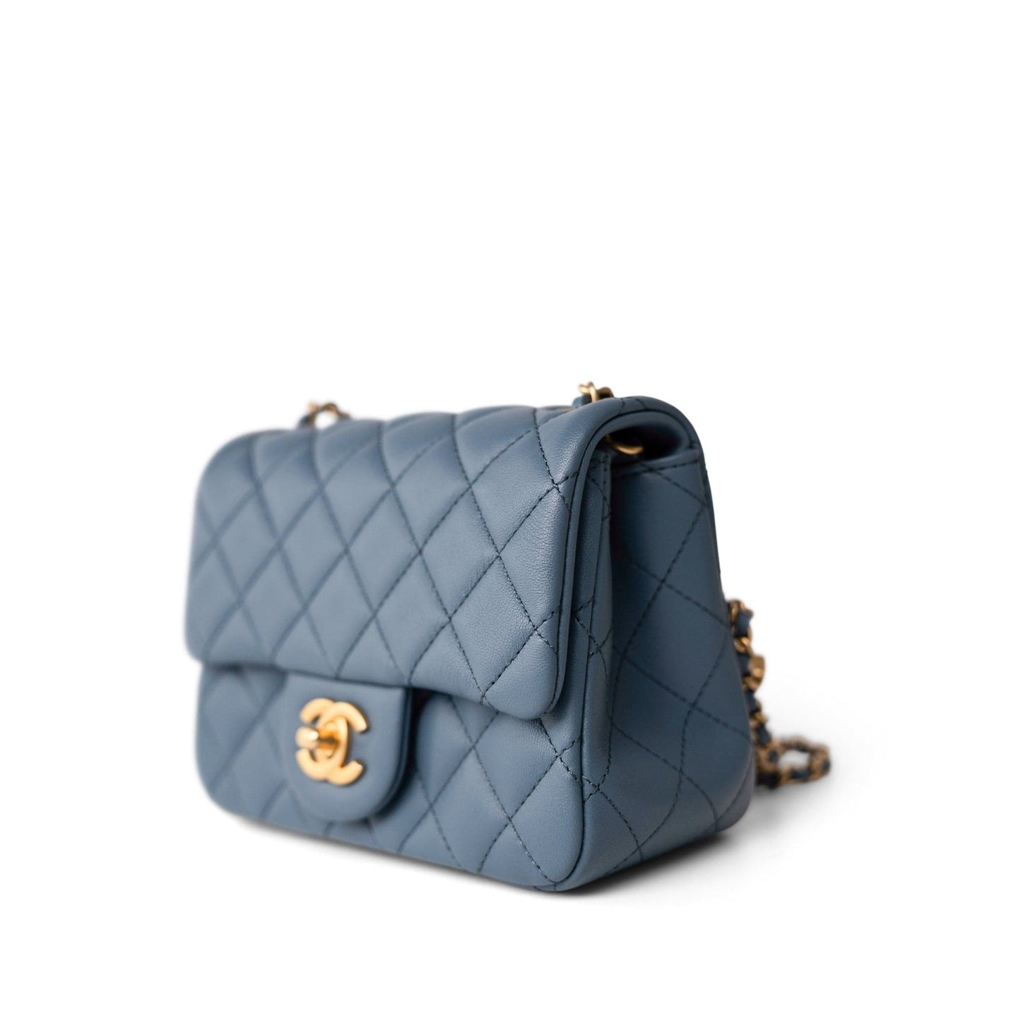 23K Blue Lambskin Quilted Mini Square Pearl Crush Antique Gold Hardware