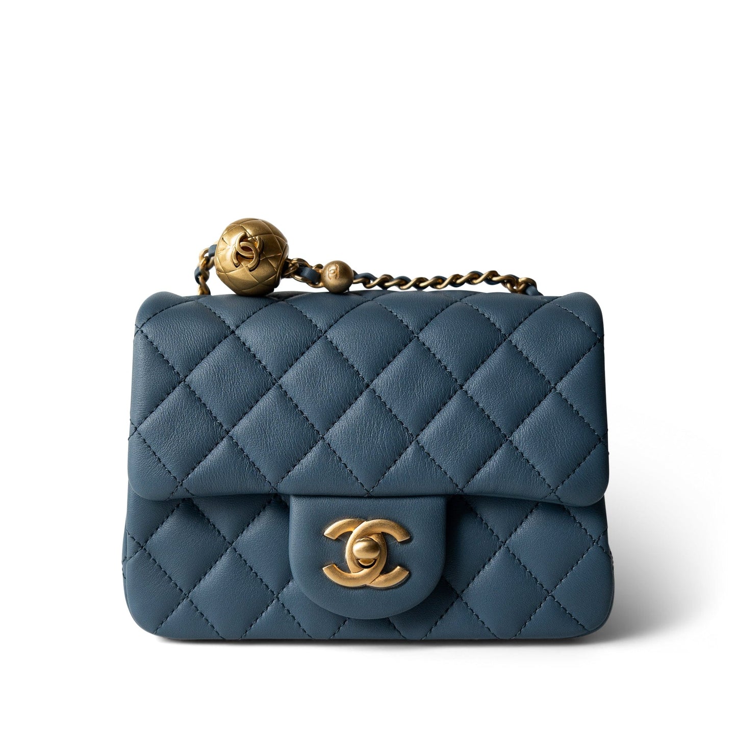 23K Blue Lambskin Quilted Mini Square Pearl Crush Antique Gold Hardware