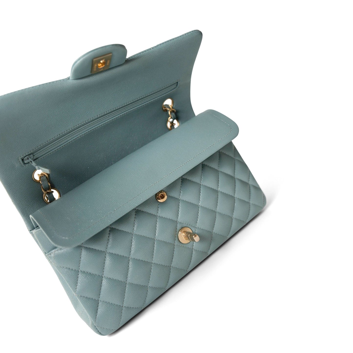 18C Pearly Light Blue Caviar Quilted Classic Flap Medium Antique Gold Hardware