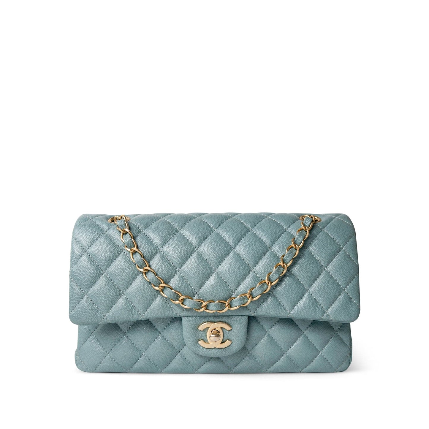 18C Pearly Light Blue Caviar Quilted Classic Flap Medium Antique Gold Hardware