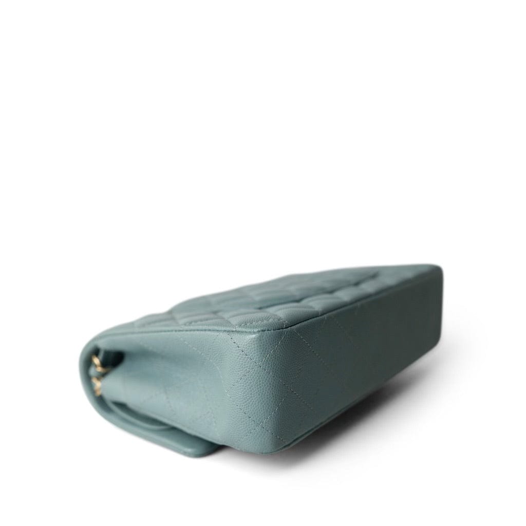 18C Pearly Light Blue Caviar Quilted Classic Flap Medium Antique Gold Hardware