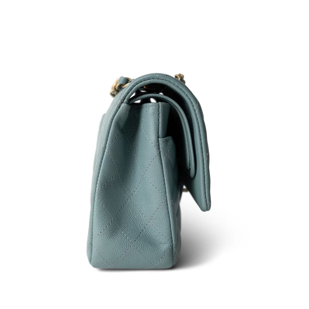 18C Pearly Light Blue Caviar Quilted Classic Flap Medium Antique Gold Hardware