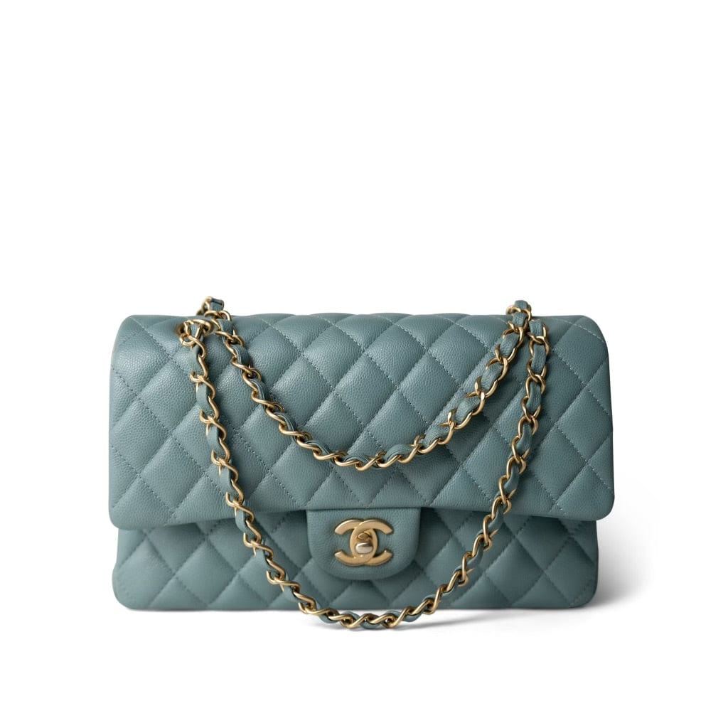 18C Pearly Light Blue Caviar Quilted Classic Flap Medium Antique Gold Hardware