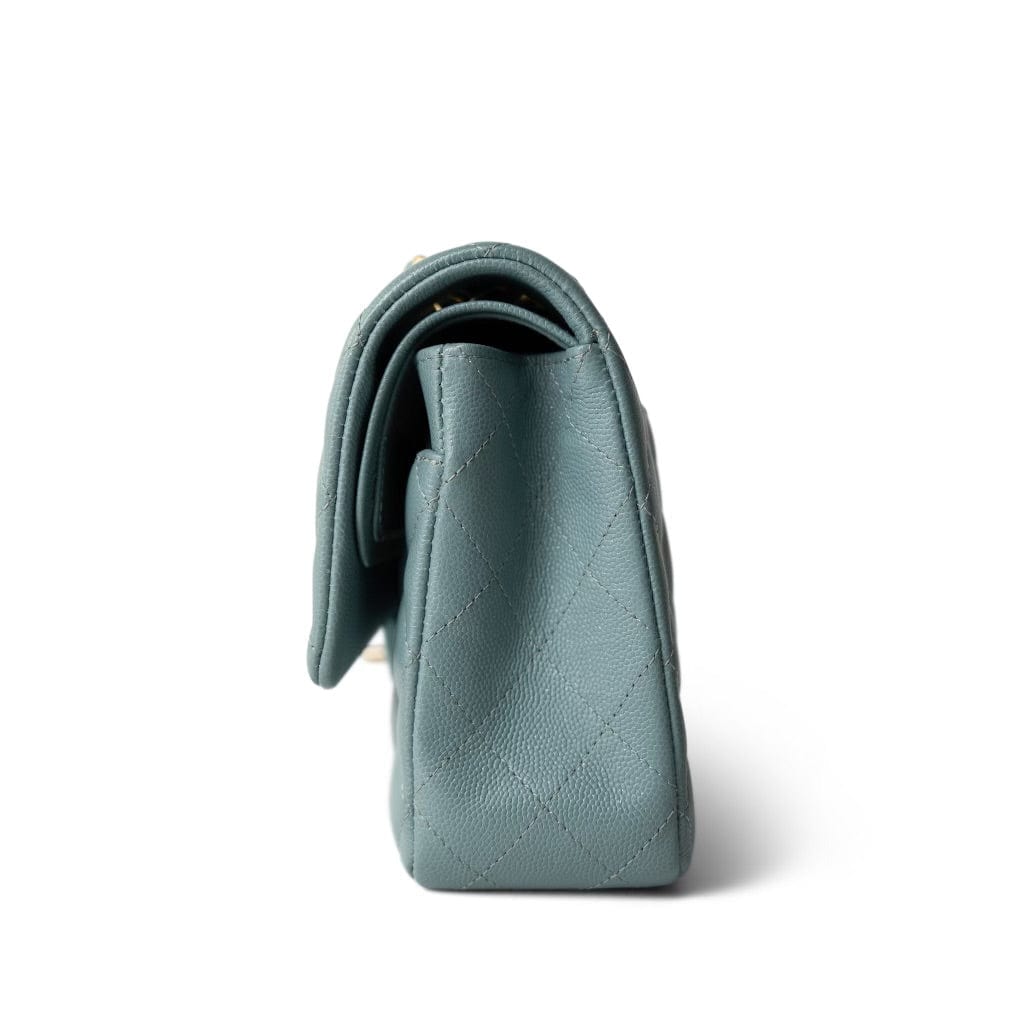 18C Pearly Light Blue Caviar Quilted Classic Flap Medium Antique Gold Hardware