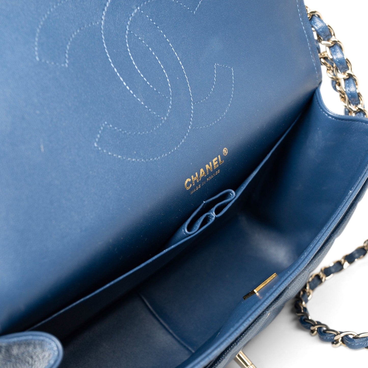 Dark Blue Caviar Quilted Jumbo Classic Flap Light Gold Hardware