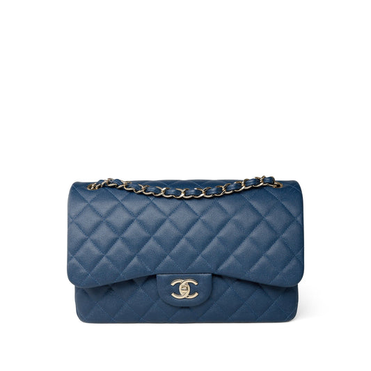 Dark Blue Caviar Quilted Jumbo Classic Flap Light Gold Hardware