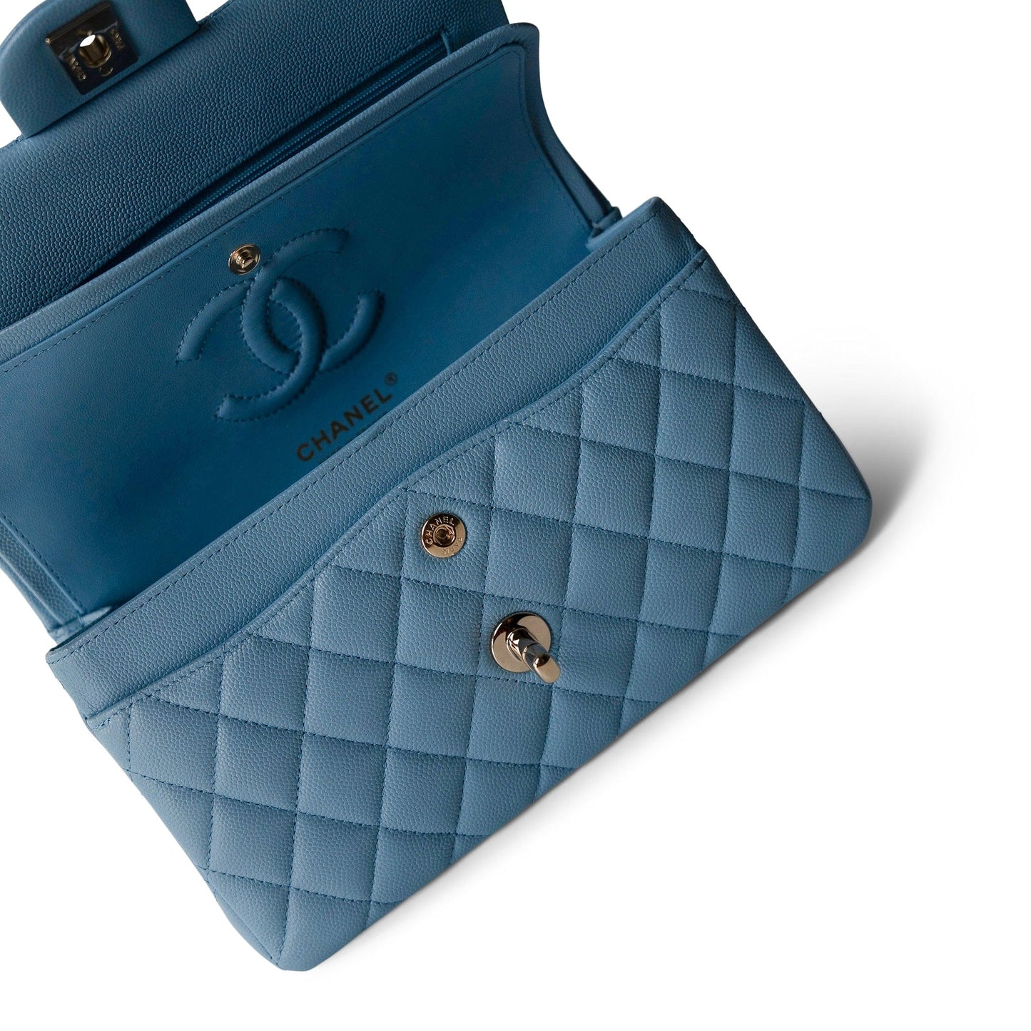 22S Light Blue Caviar Quilted Classic Flap Small Light Gold Hardware