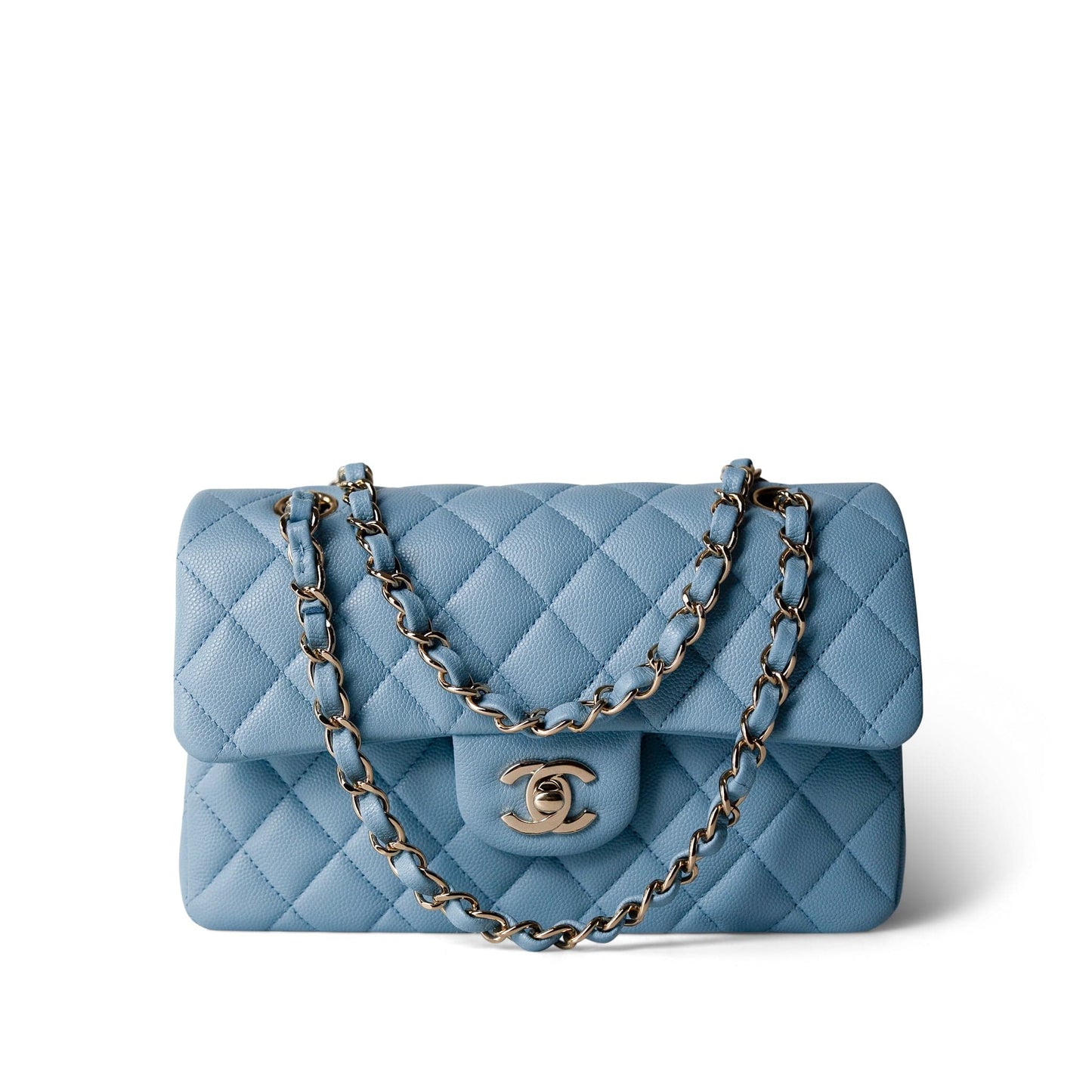22S Light Blue Caviar Quilted Classic Flap Small Light Gold Hardware