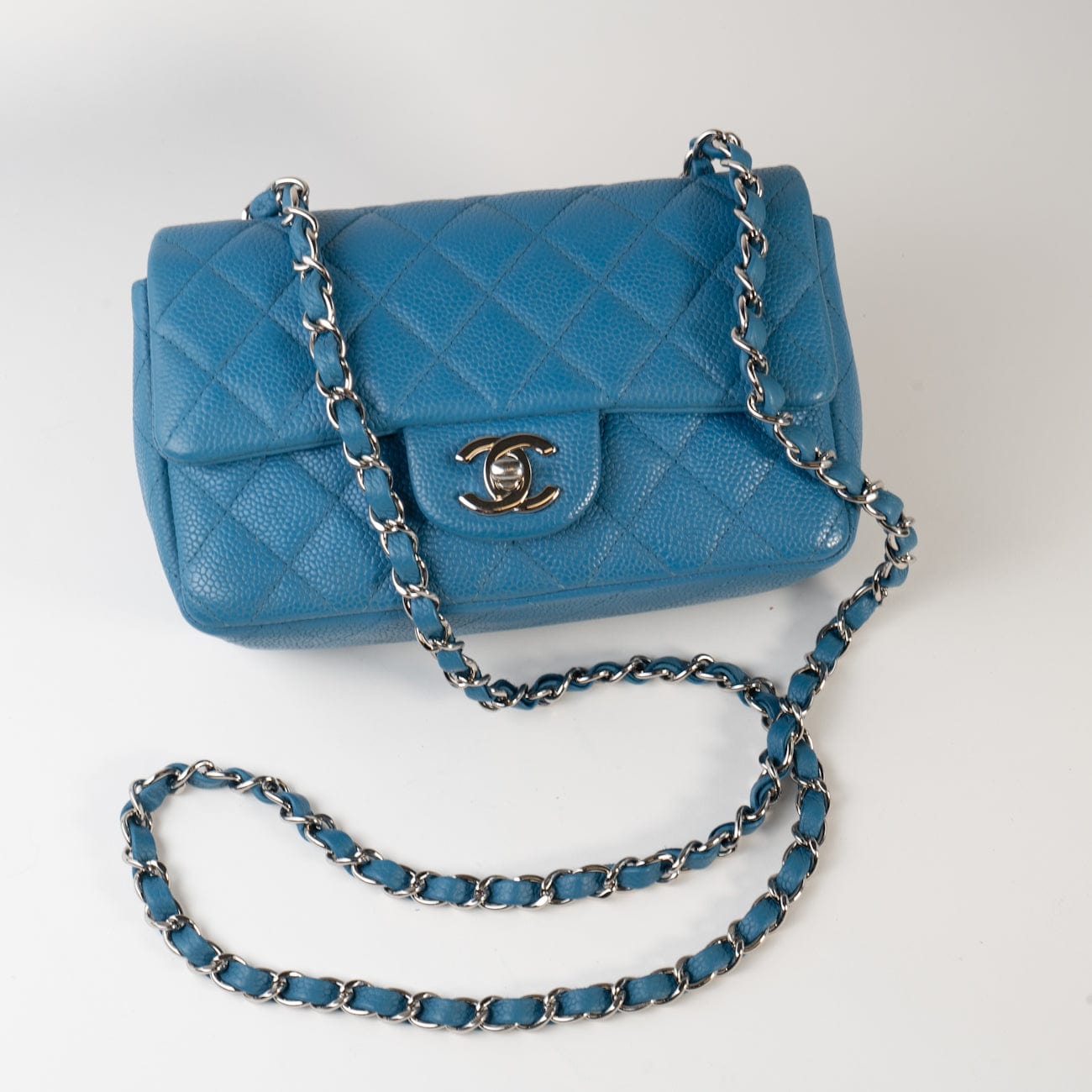 BLUE MINI RECTANGULAR CAVIAR QUILTED SINGLE FLAP SILVER HARDWARE
