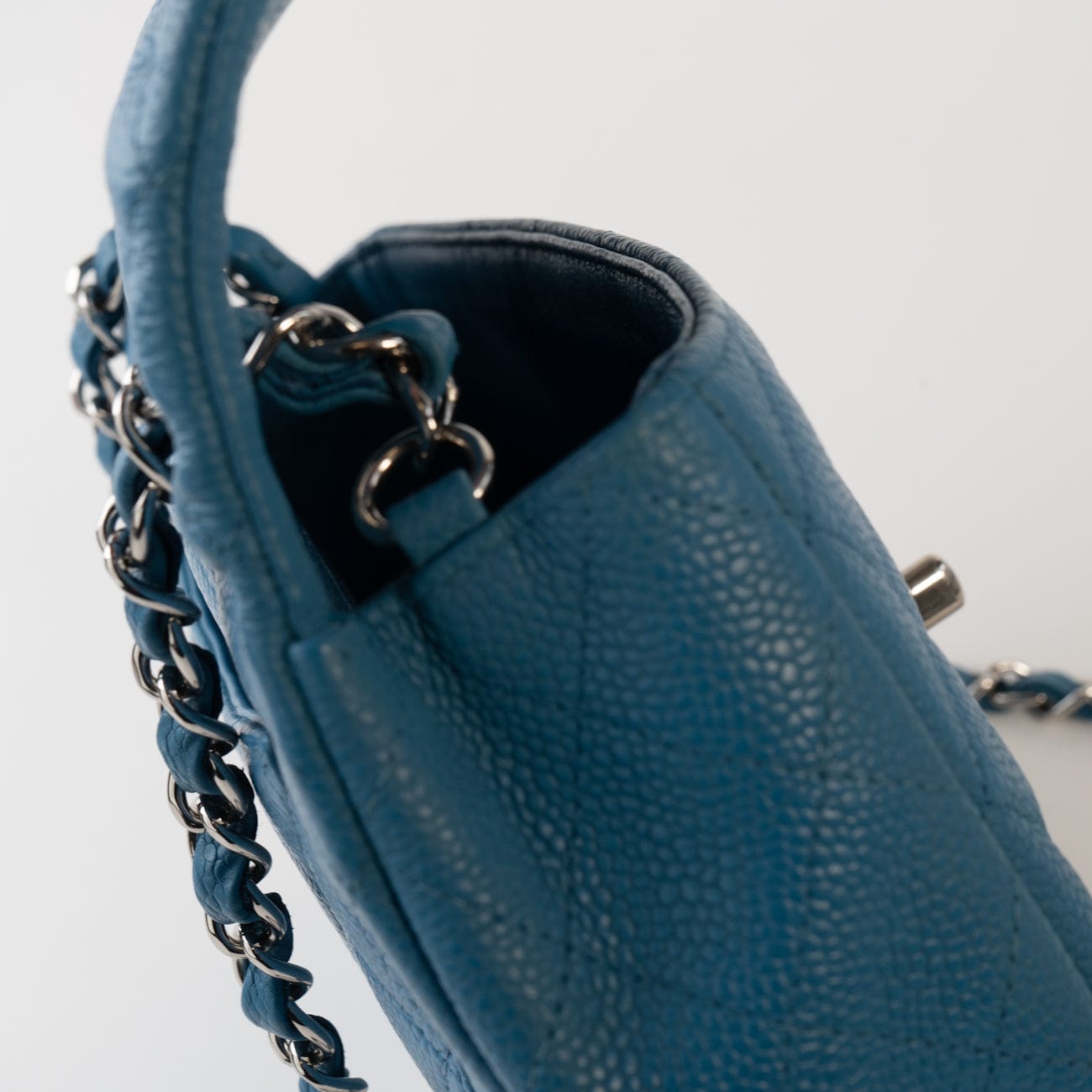 BLUE MINI RECTANGULAR CAVIAR QUILTED SINGLE FLAP SILVER HARDWARE