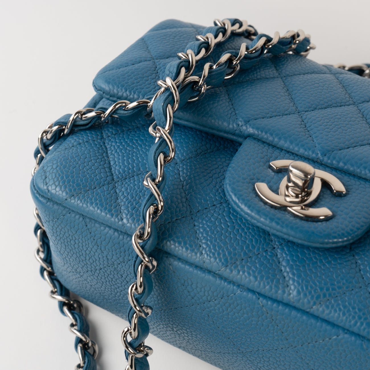 BLUE MINI RECTANGULAR CAVIAR QUILTED SINGLE FLAP SILVER HARDWARE