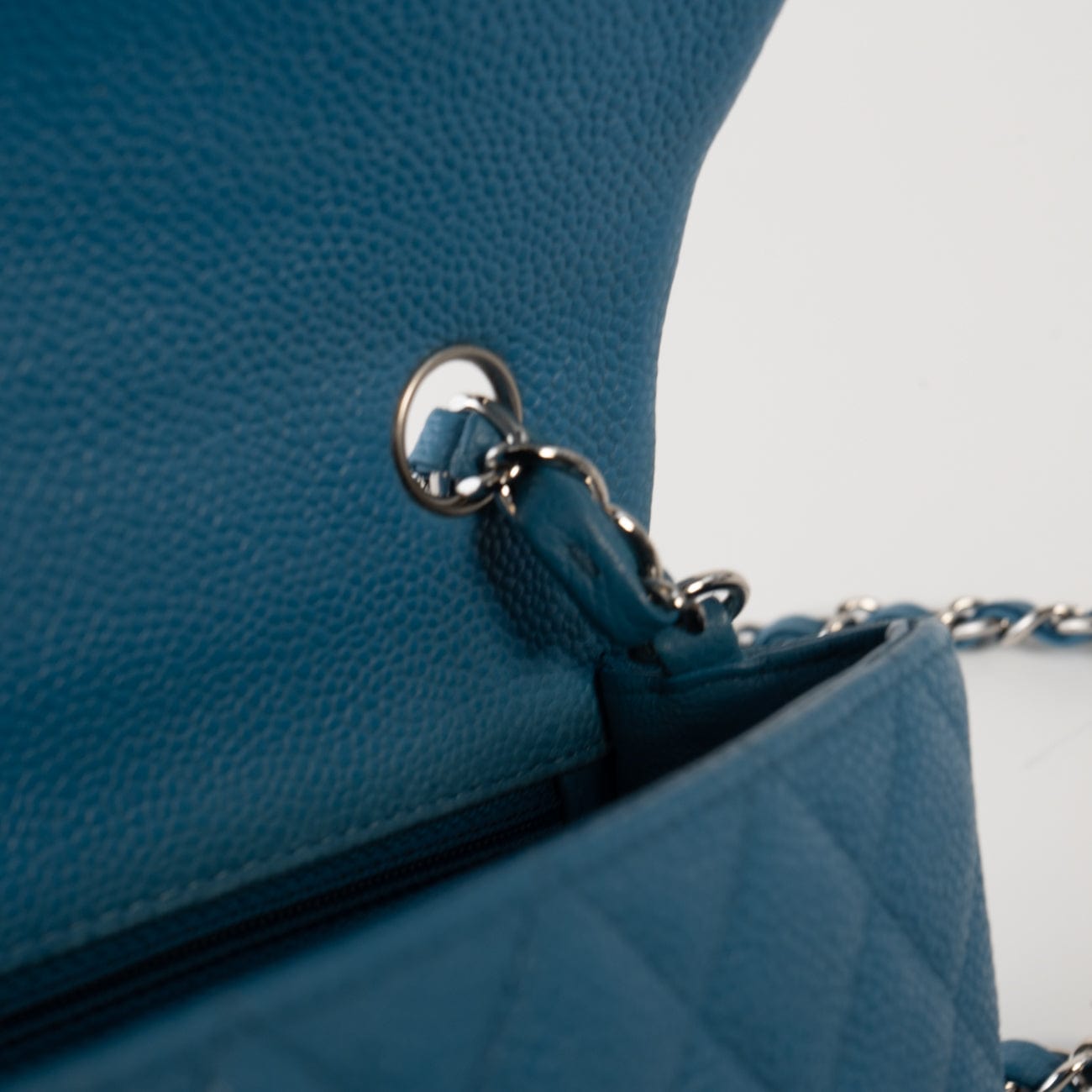 BLUE MINI RECTANGULAR CAVIAR QUILTED SINGLE FLAP SILVER HARDWARE