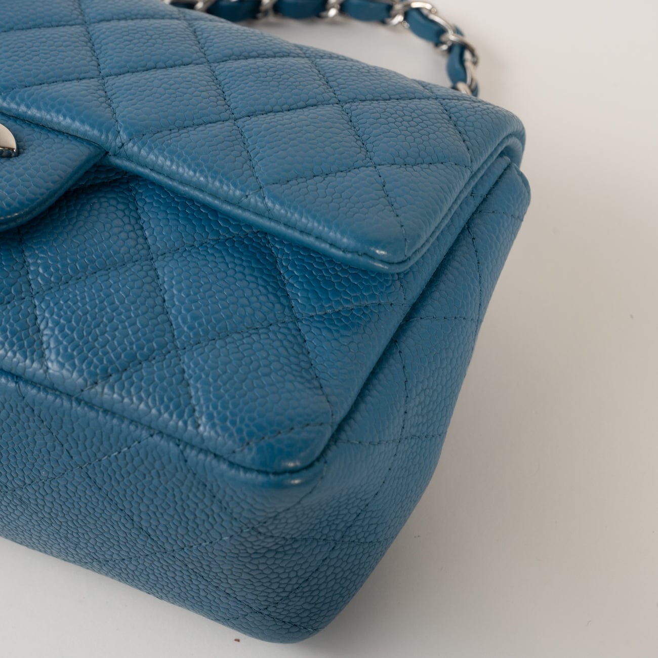 BLUE MINI RECTANGULAR CAVIAR QUILTED SINGLE FLAP SILVER HARDWARE