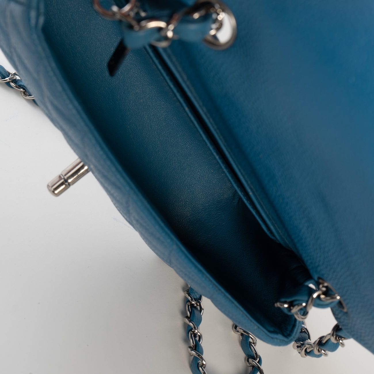 BLUE MINI RECTANGULAR CAVIAR QUILTED SINGLE FLAP SILVER HARDWARE